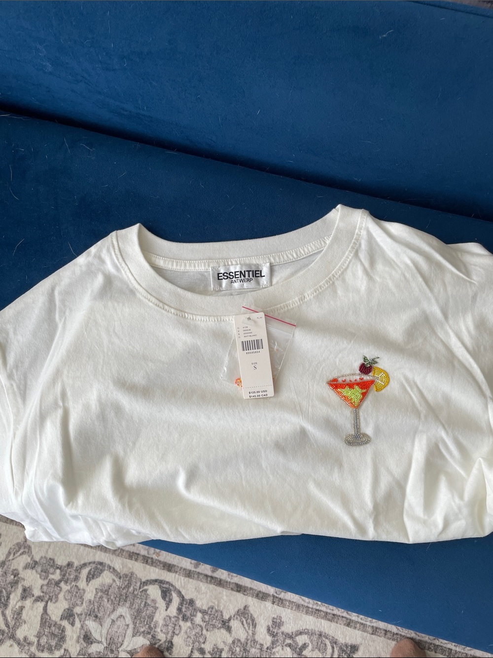 Essentiel White Muscle Tee with Cocktail Embroidery